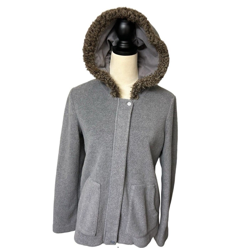 J Jill Womens Gray Fleece Faux Fur Full Zip Hoodie Pocket Soft Jacket Sz XS